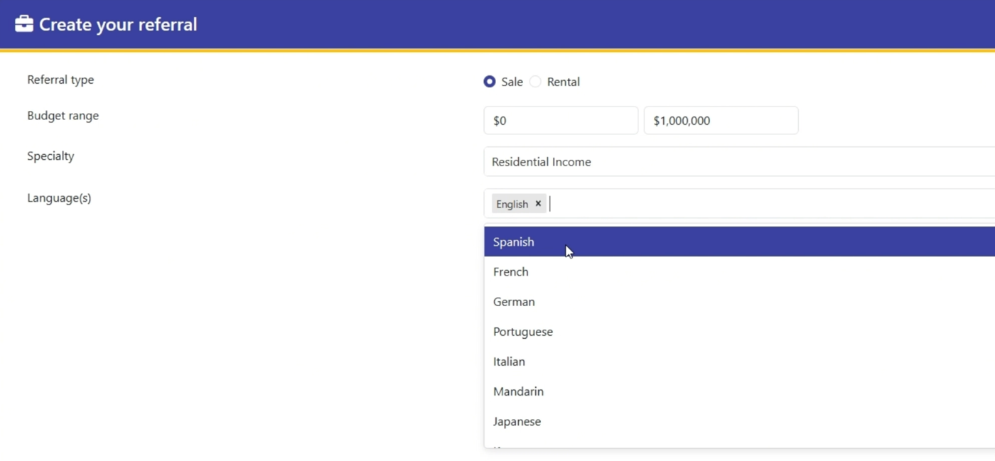 The Create a Referral form, with referral type, budget range, specialty and a language picker